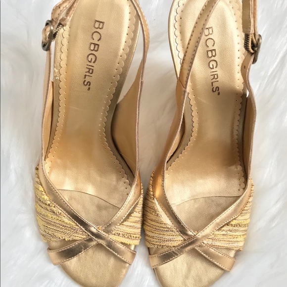 BCBGirls Shoes | Bcbg Gold Wedge Open Toe Sandals Size 8 | Poshmark